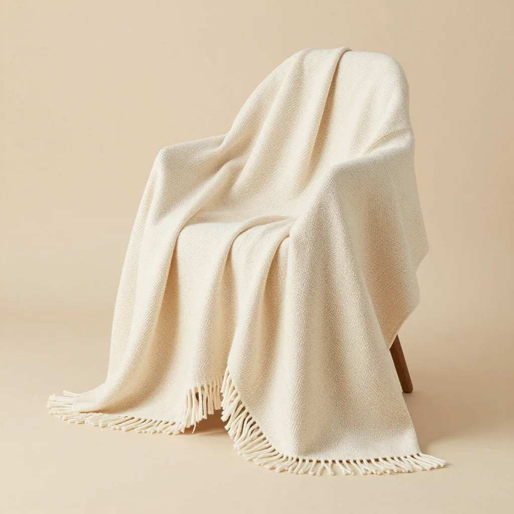 A chunky merino throw in cream on a light background