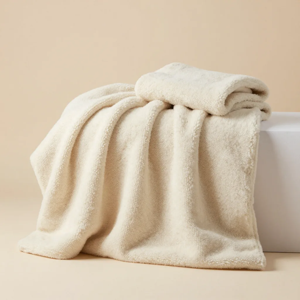 A wide chunky merino bed throw in cream on a light background