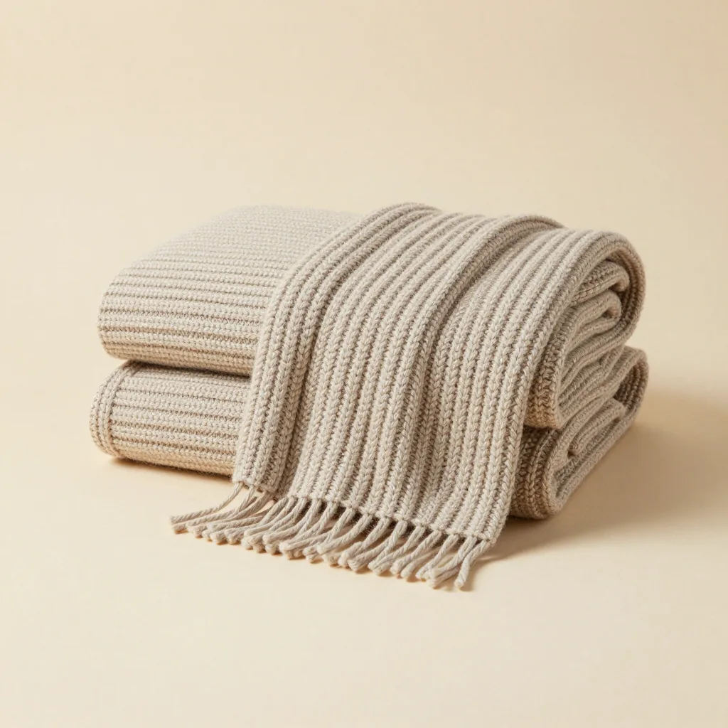 Two chunky merino throws together on a light background