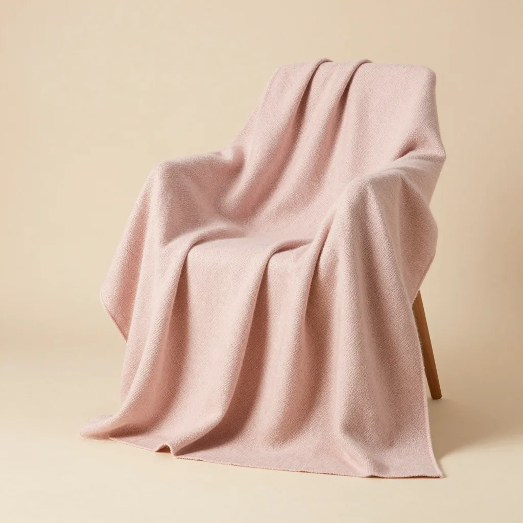 A chunky merino throw in blush on a light background
