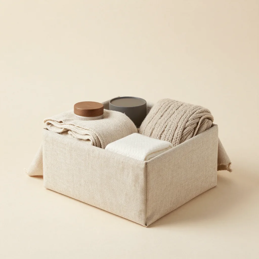 A hygge gift set of merino pieces in a linen wrap on a light background
